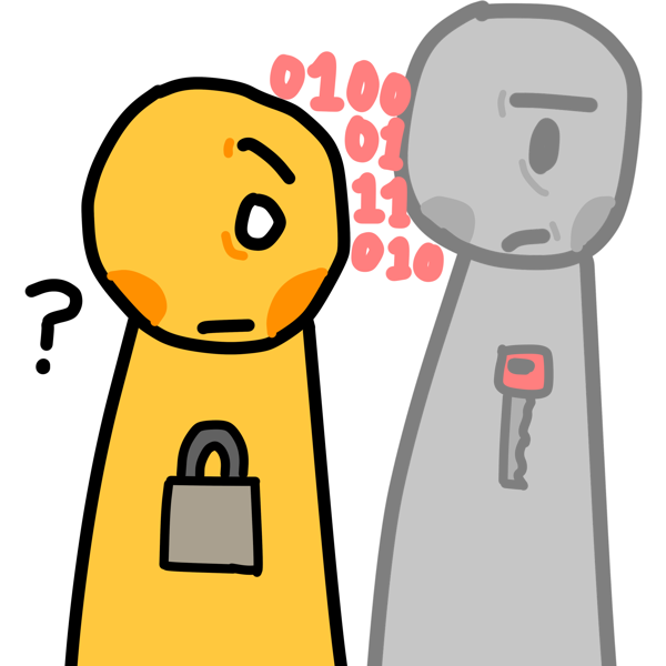 A confused yellow figure with a lock on their chest, and a menacing gray figure behind them with a key on their chest. Between their heads are red zeros and ones, similar to binary code.
